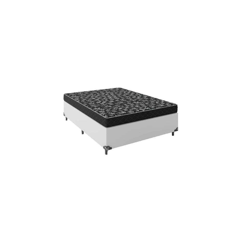 Cama Box Viúva 128 Tecido Sintético Branco Com Colchão Espuma D20 - Tampo Preto 12cm