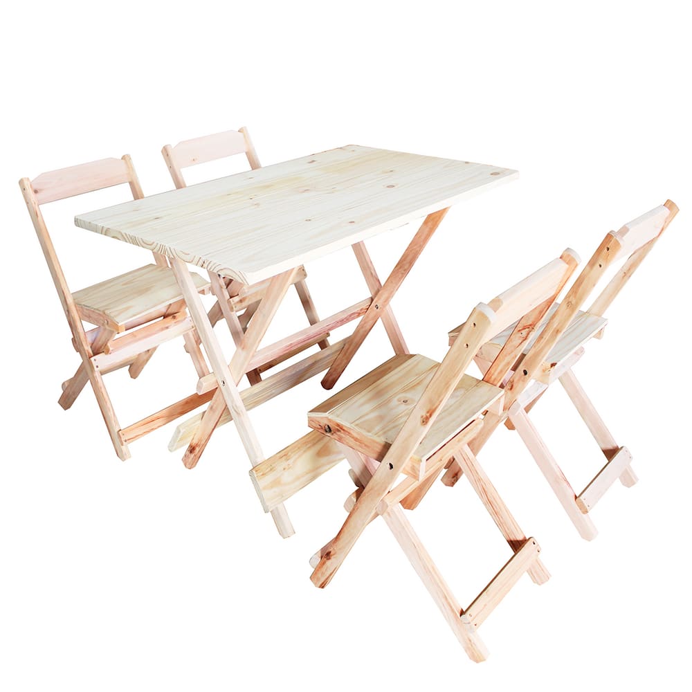 Jogo Conjunto 1 Mesa 120x70 e 4 Cadeiras Bar Dobráveis Retratil de Madeira Maciça - Sem Pintura