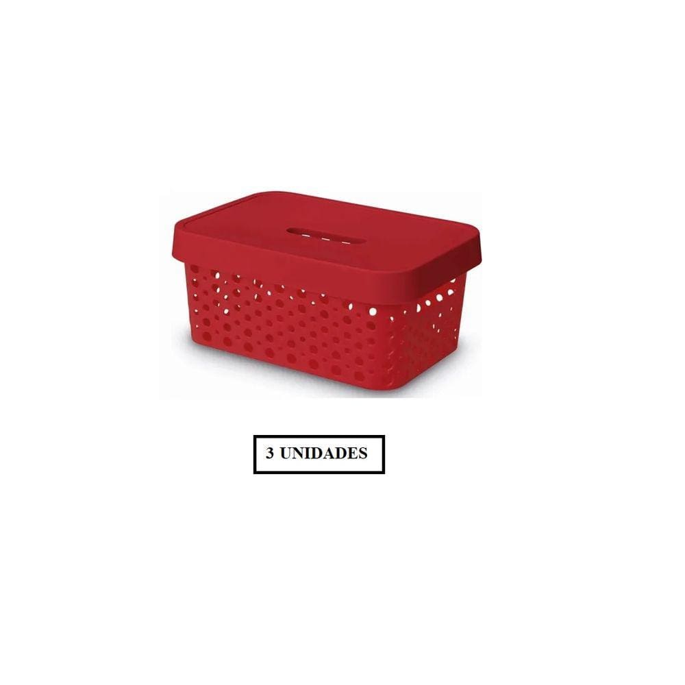 Kit Com 3 Caixas Organizadoras Multiuso 4,5l Com Tampa Vermelho