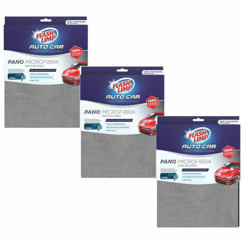 Kit 3 Panos Microfibra Automotivo Secagem Autocare Flashlimp