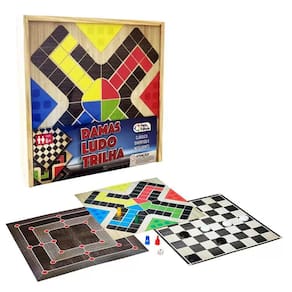 Kit Jogos De Tabuleiro Com Damas Ludo e Trilha De Madeira