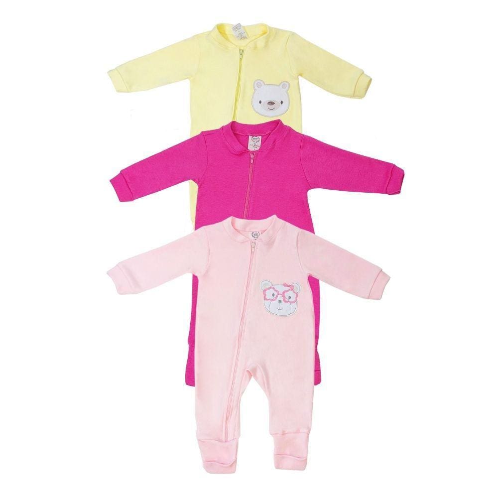 Kit 3 Macacao Bebe C/ Ziper Bordado e Liso Roupa Infantil Menina Enxoval e Maternidade 100% Algodão