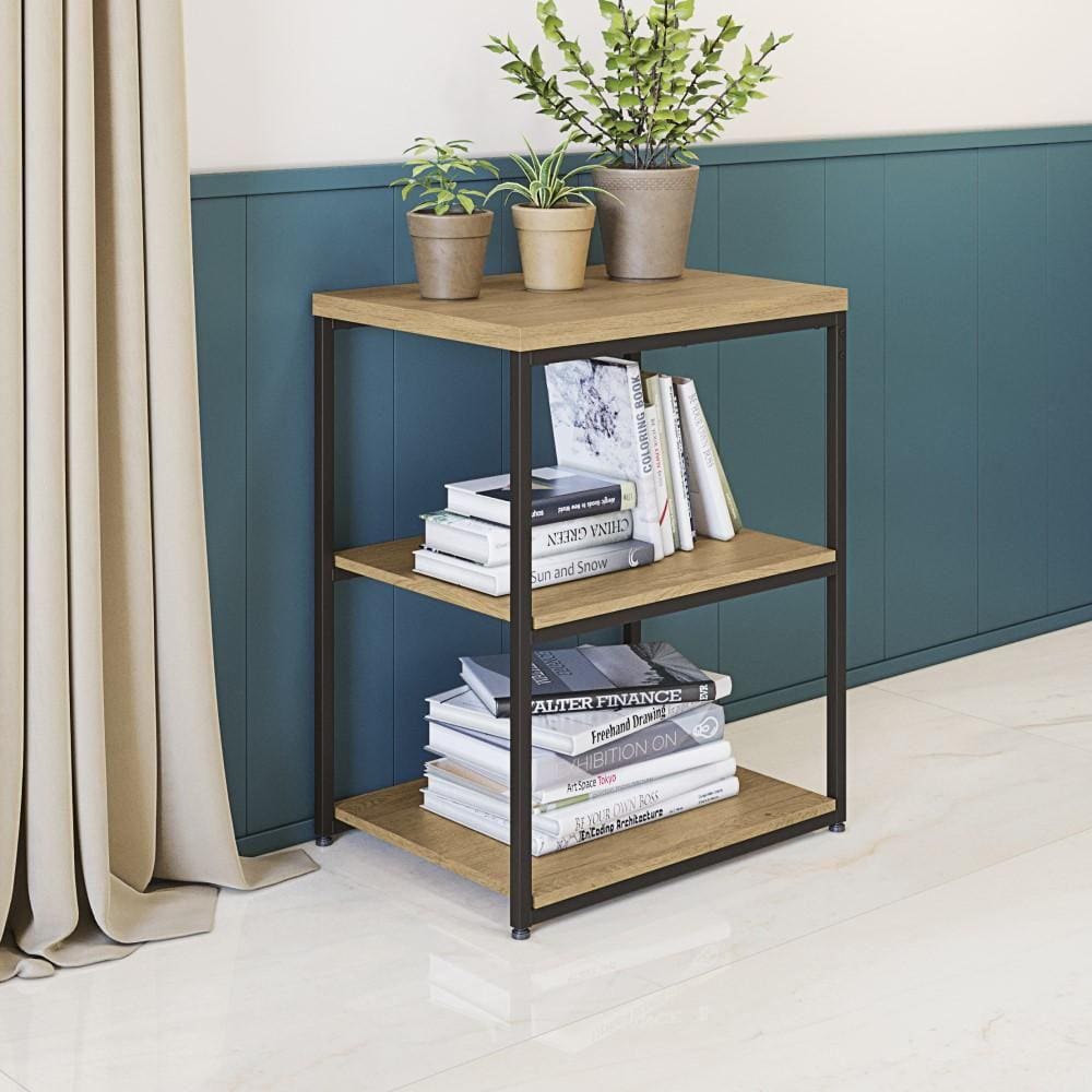 Mesa de Apoio Industrial 45 cm Kappesberg 3 Andares Quarto Sala Base Metal MDP Marrom Madeira Preto