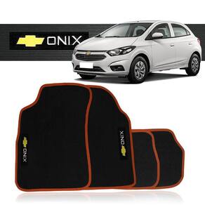 Jogo Tapete Automotivo Onix 2012 2013 2014 2015 2016 2017 2018 2019 Borracha PVC com Borda Laranja 4 Peças Preto Bordado
