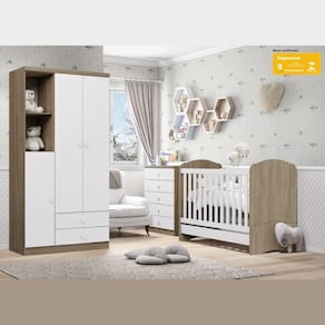 Kit Conjunto Quarto Infantil Guarda Roupa Roupeiro Cama Berço Cômoda Multiuso MDF Branco Marrom