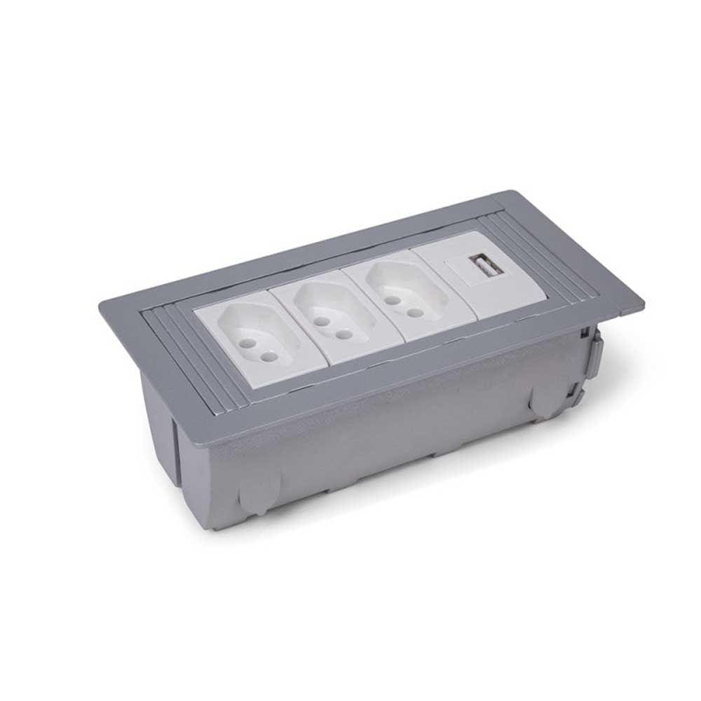 Caixa Regua Tomada De Embutir 3 Tomadas 1 Usb Charger - Cinza