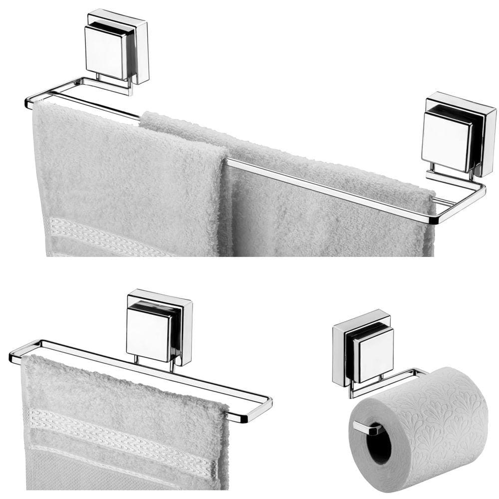 Kit Banheiro 3 Peças Porta Toalha Toalheiro Duplo Suporte Papel Higiênico Ventosa Cromado - Future