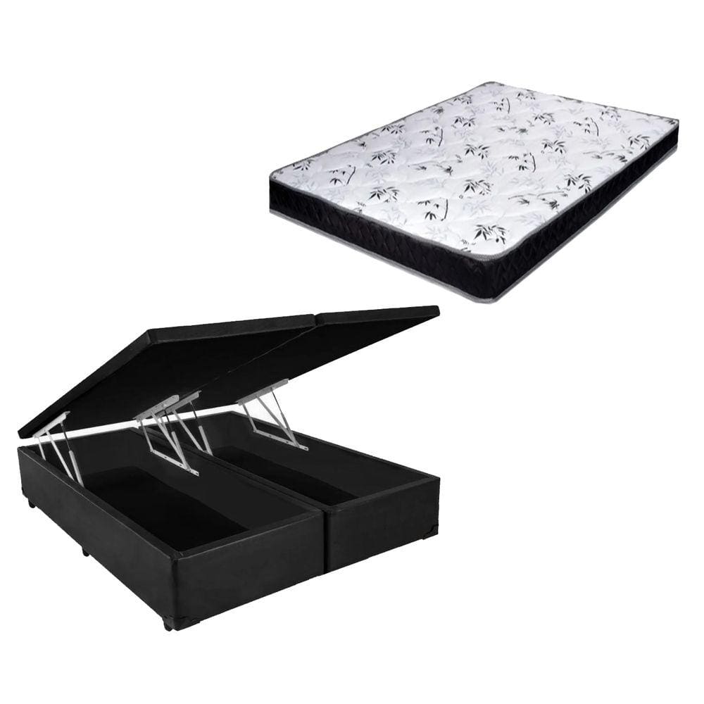 Cama Box Baú Casal Bi-Partido Green Preto + Colchão Espuma D33 138x188x8