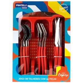 Jogo de Talheres Inox Conjunto Faqueiro Com Gaveteiro Vermelho 25 Peças Linha Caprese Fratelli