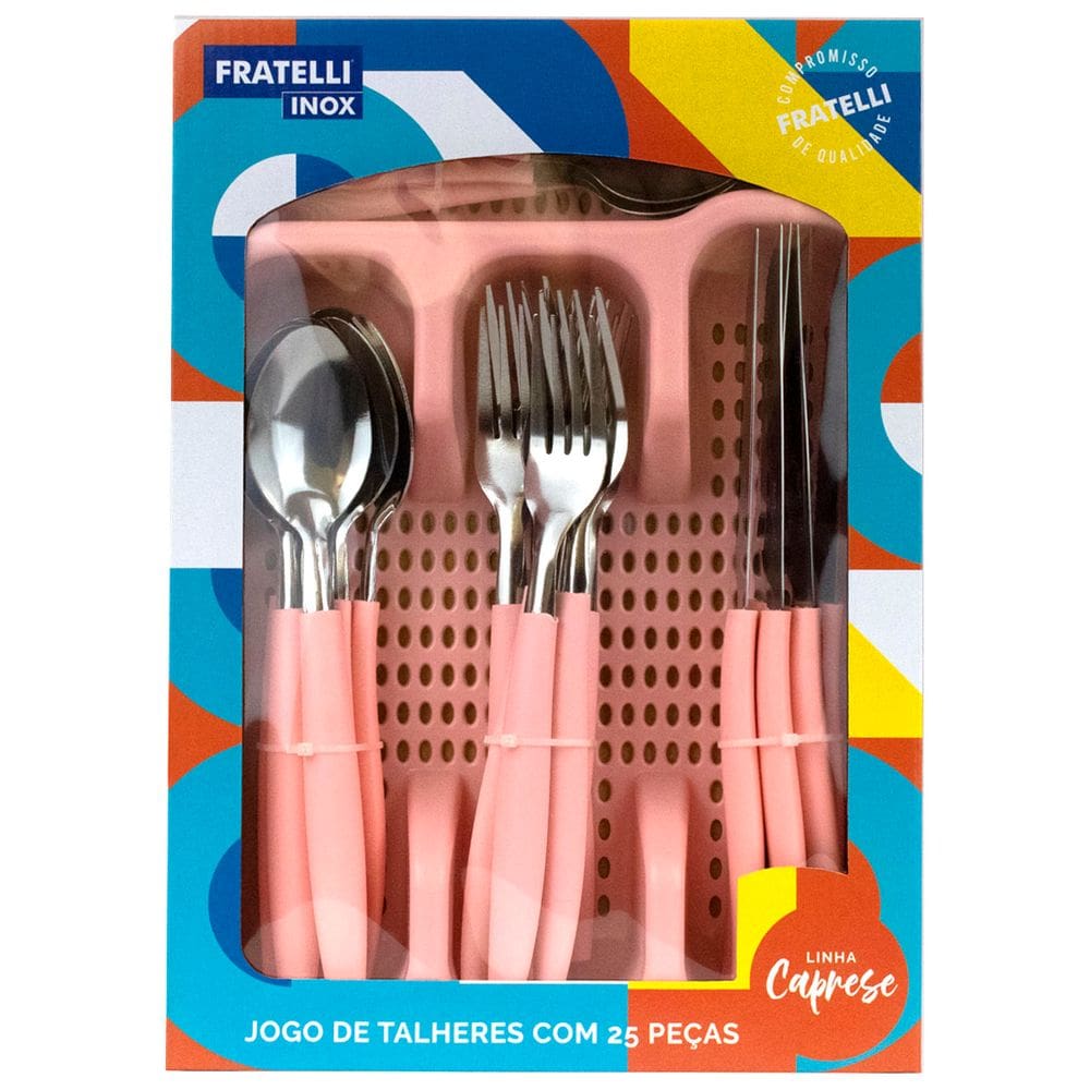 Jogo de Talheres Inox Conjunto Faqueiro Com Gaveteiro Rosa 25 Peças Linha Caprese Fratelli