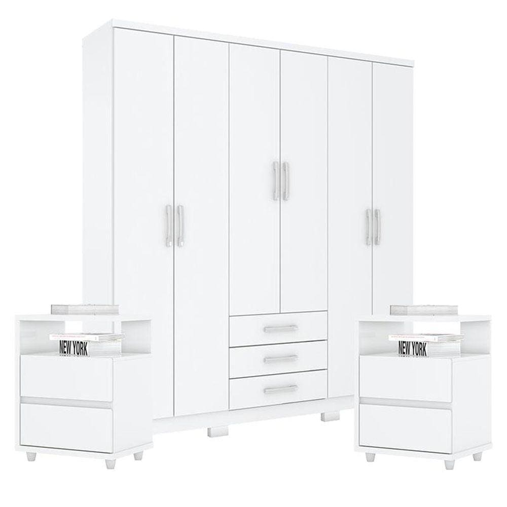 Guarda Roupa Casal Caju 6 Portas com Kit Mesa de Cabeceira Branco - Henn