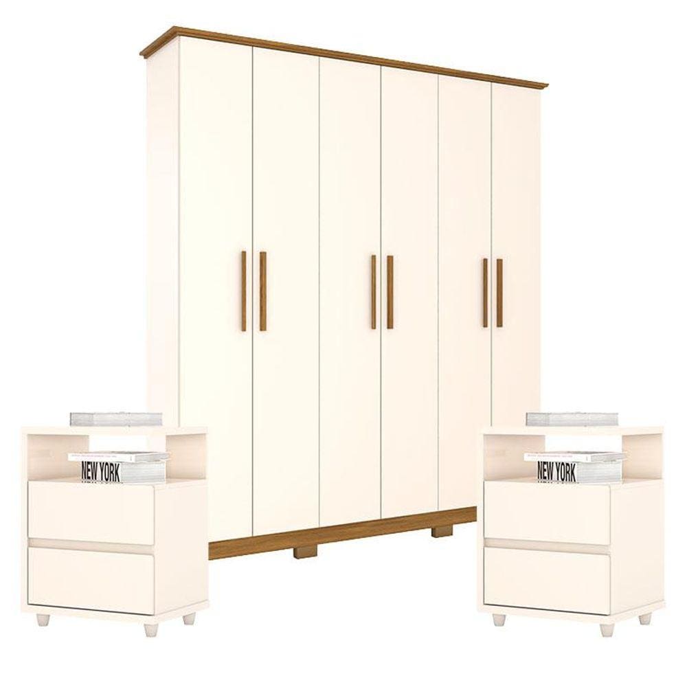 Guarda Roupa Casal Cover com Kit Mesa de Cabeceira Campeche Off White Nature - Henn