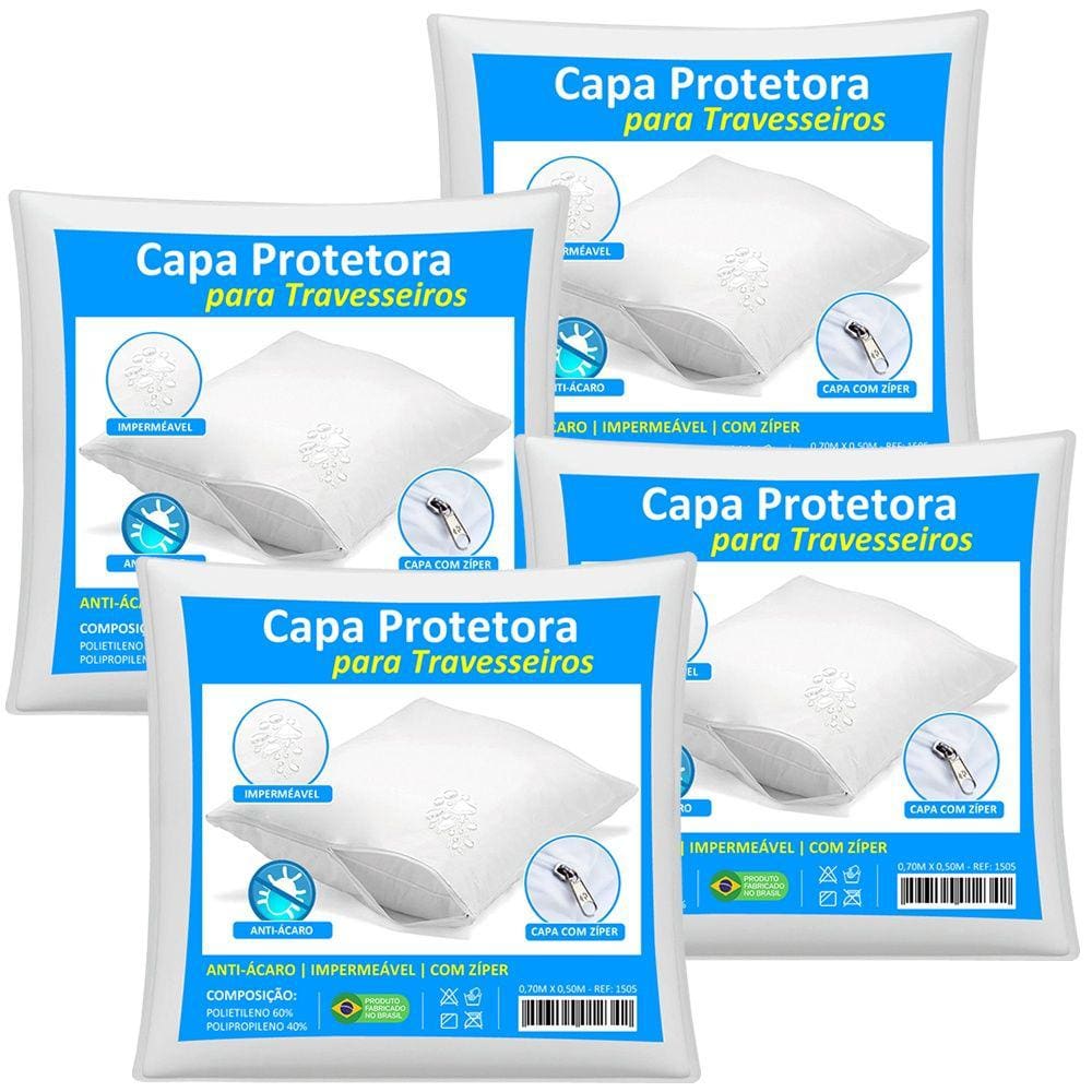 Kit 4 Capas Travesseiro Impermeável Branca 50cm x 70cm Com Zíper e HipoAlergênico