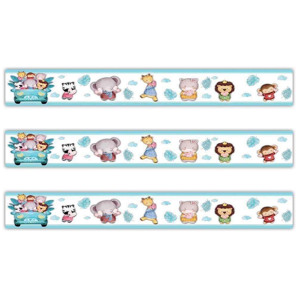Kit 3 Faixas Decorativas Papel Parede Infantil Animais Carro Titulo Azul