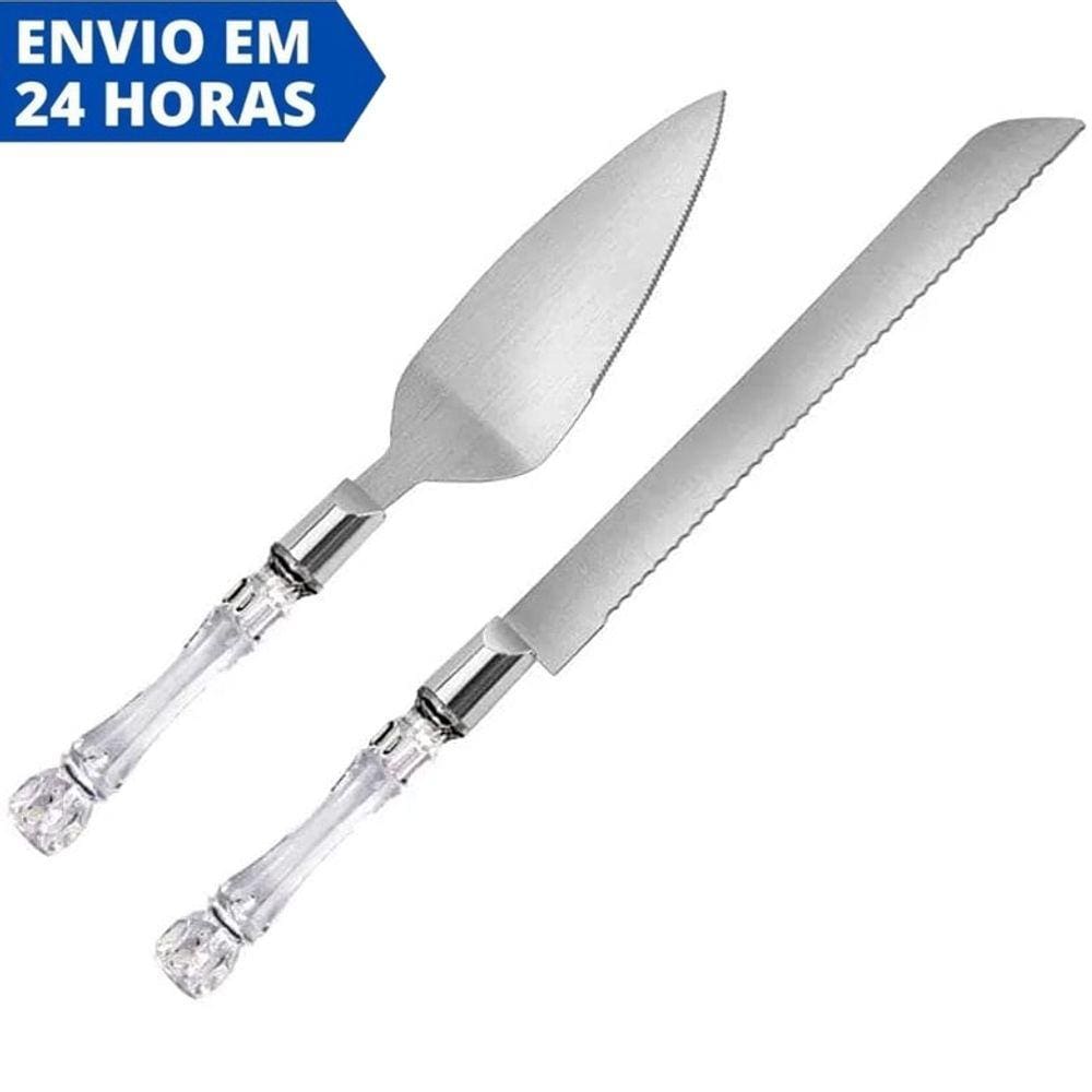 Conjunto Faca e Espátula Inox Cabo Acrílico Corte Bolo Torta