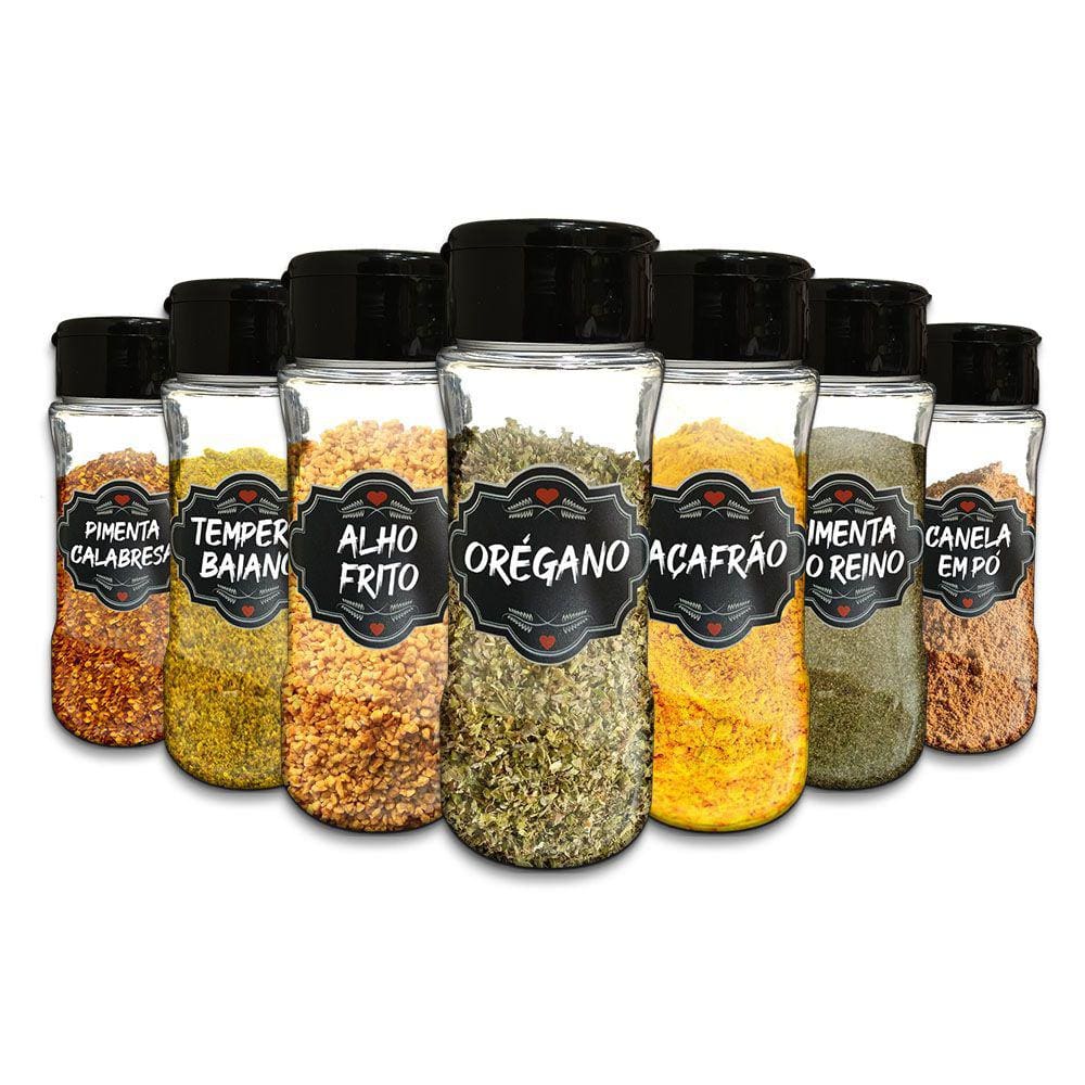 Pote Tempero Kit 8 Potes + 24 Etiquetas Adesivas Porta Condimento