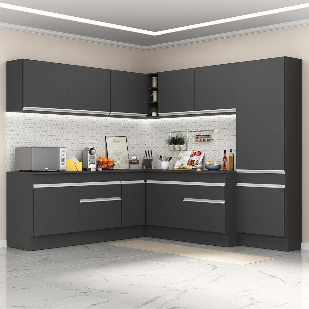 Armário de Cozinha Completa de Canto com Rodapé Veneza Multimóveis MP2102.898 Preto/Branco