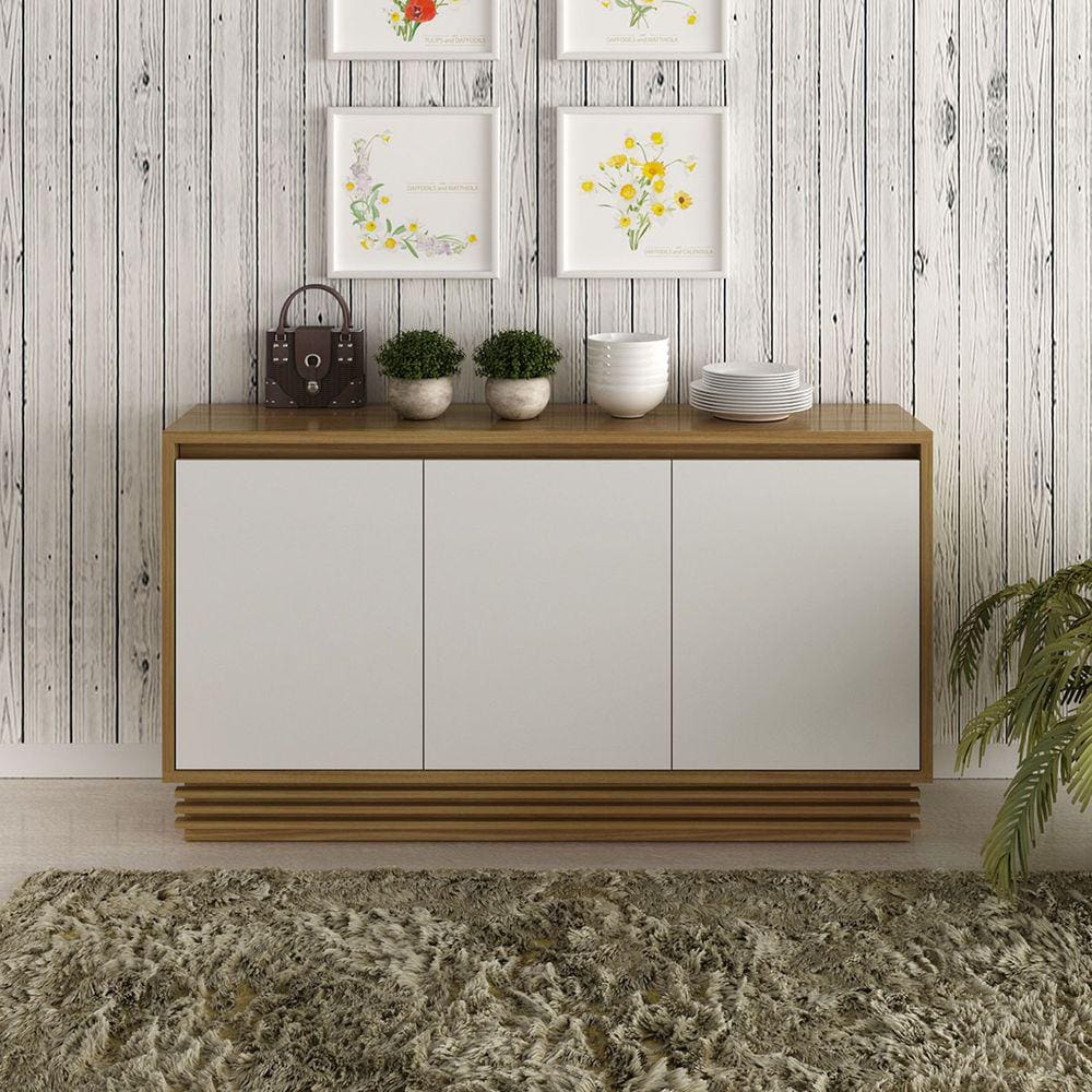 Balcão Buffet 3 Portas Off White com Madeirado 1,60m