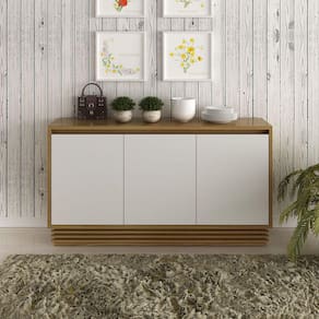 Balcão Buffet 3 Portas Off White com Madeirado 1,60m