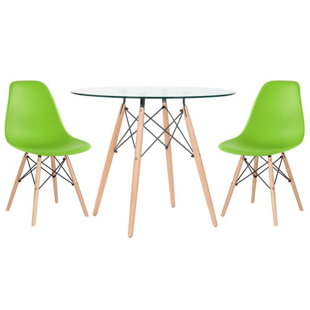 Mesa Redonda Eames Com Tampo De Vidro 90 Cm + 2 Cadeiras Eiffel Dsw Verde Claro
