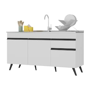 Balcão Cozinha Gabinete Pia 150 cm 3 Portas 1 Gaveta Veneza Multimóveis MP2072.964 Branco/Preto