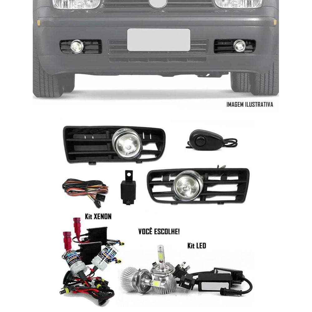 Kit Farol de Milha Neblina Vw Golf 1999 2000 2001 2002 2003 2004 2005 2006 Botão Alternativo + Kit Xenon 6000K 8000K ou Kit Lâmpada Super LED 6000K