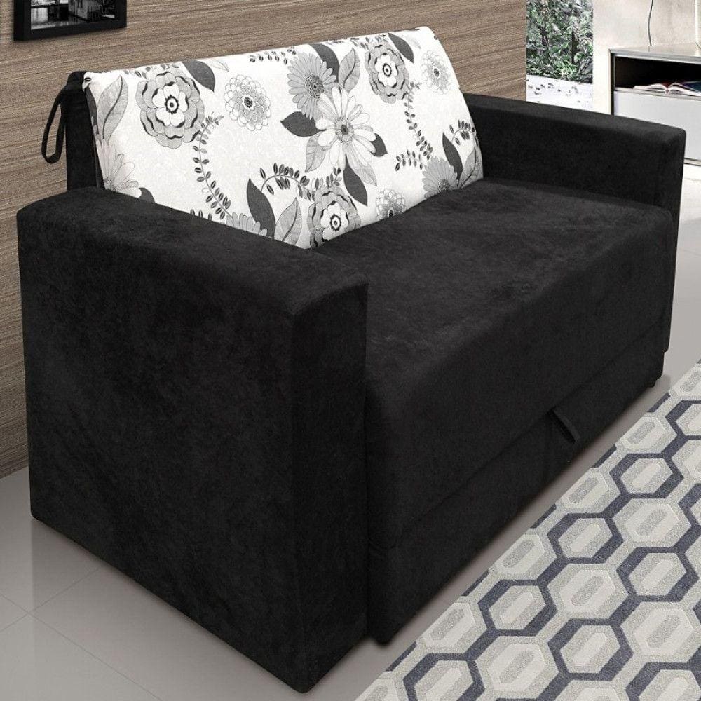 Sofa Cama Casal Veludo Preto/Cinza Floral 5000 Mam Flex