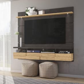 Painel Home Suspenso Lana 1.8 Para TV Até 60" 2 Portas Luz LED Sala Estar Preto e Marrom Carvalho