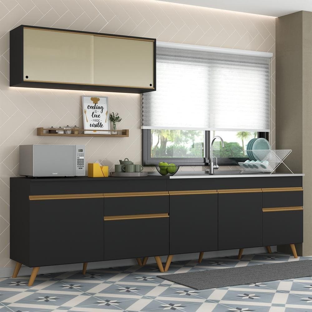 Cozinha Compacta Veneza GB Multimóveis MP2077 com Armário e Balcão Preta