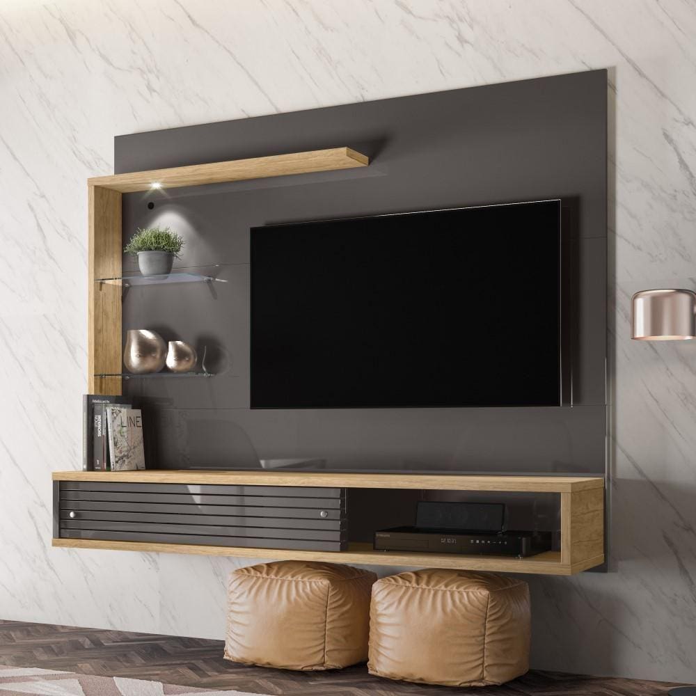 Painel Home Suspenso Select Para TV Até 50" 2 Portas Espelho Luz LED Sala de Estar Preto e Carvalho