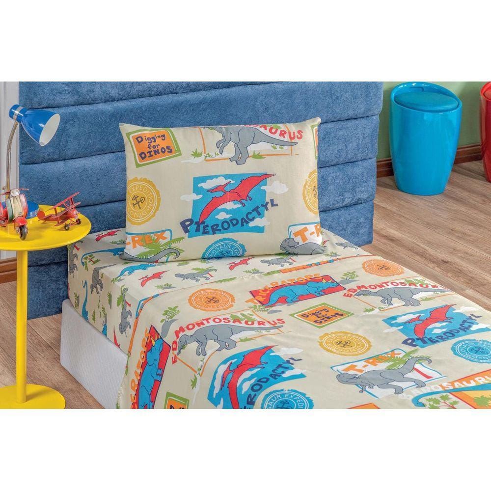 Lençol Solteiro Infantil Com Elástico Dino 3 Peças