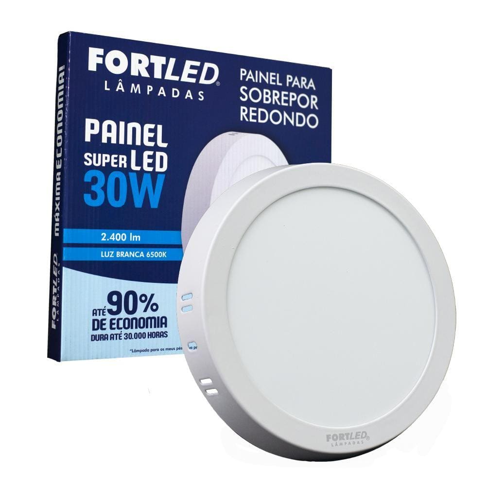 Painel Led 30W Redondo Branco Frio Sobrepor Fortled
