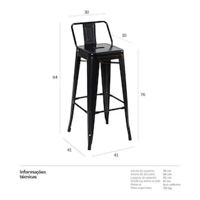 Banqueta Alta Com Encosto 76 Cm Preto Semibrilho Preto Semibrilho