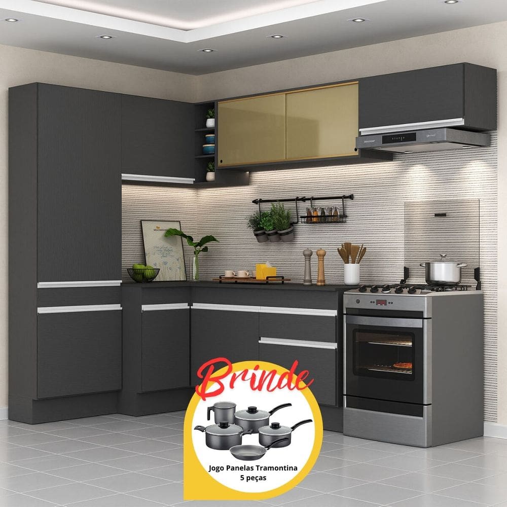 Armário de Cozinha Completa de Canto com Rodapé Veneza Multimóveis MP2087.898 Preto/Branco