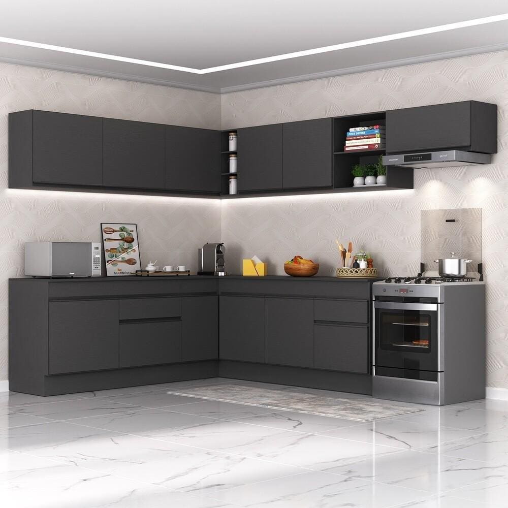 Armário de Cozinha Completa de Canto com Rodapé Veneza Multimóveis MP2103.895 Preto