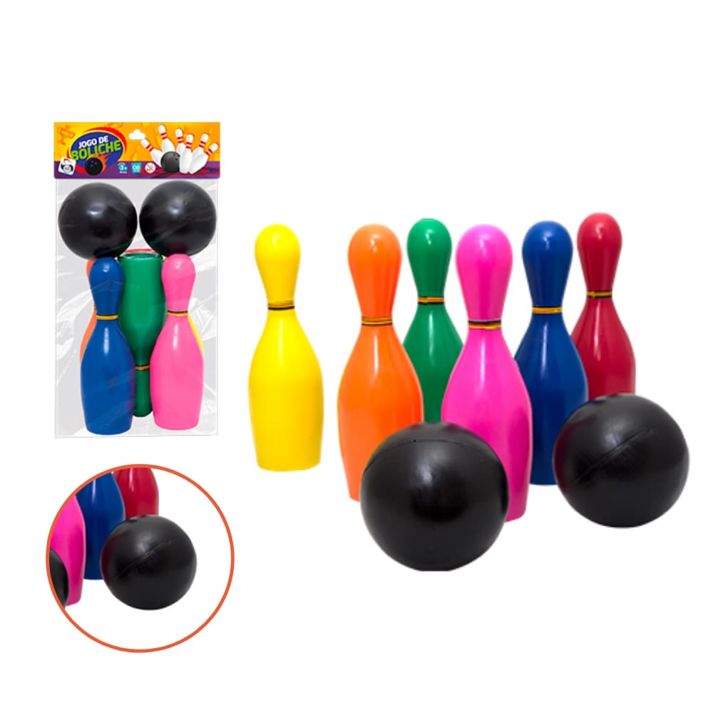 Jogo De Boliche Brinquedo Infantil com 6 Pinos + 2 Bolas 28cm