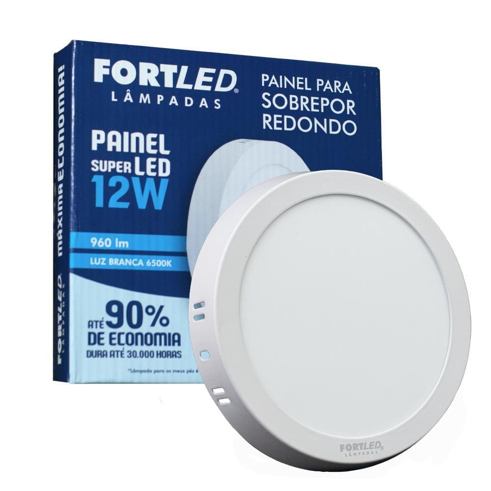 Painel Led 12W Redondo Branco Frio Sobrepor Fortled