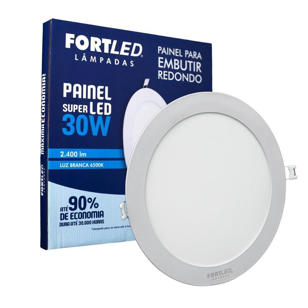 Painel Led 30W Redondo Branco Frio Embutir Fortled
