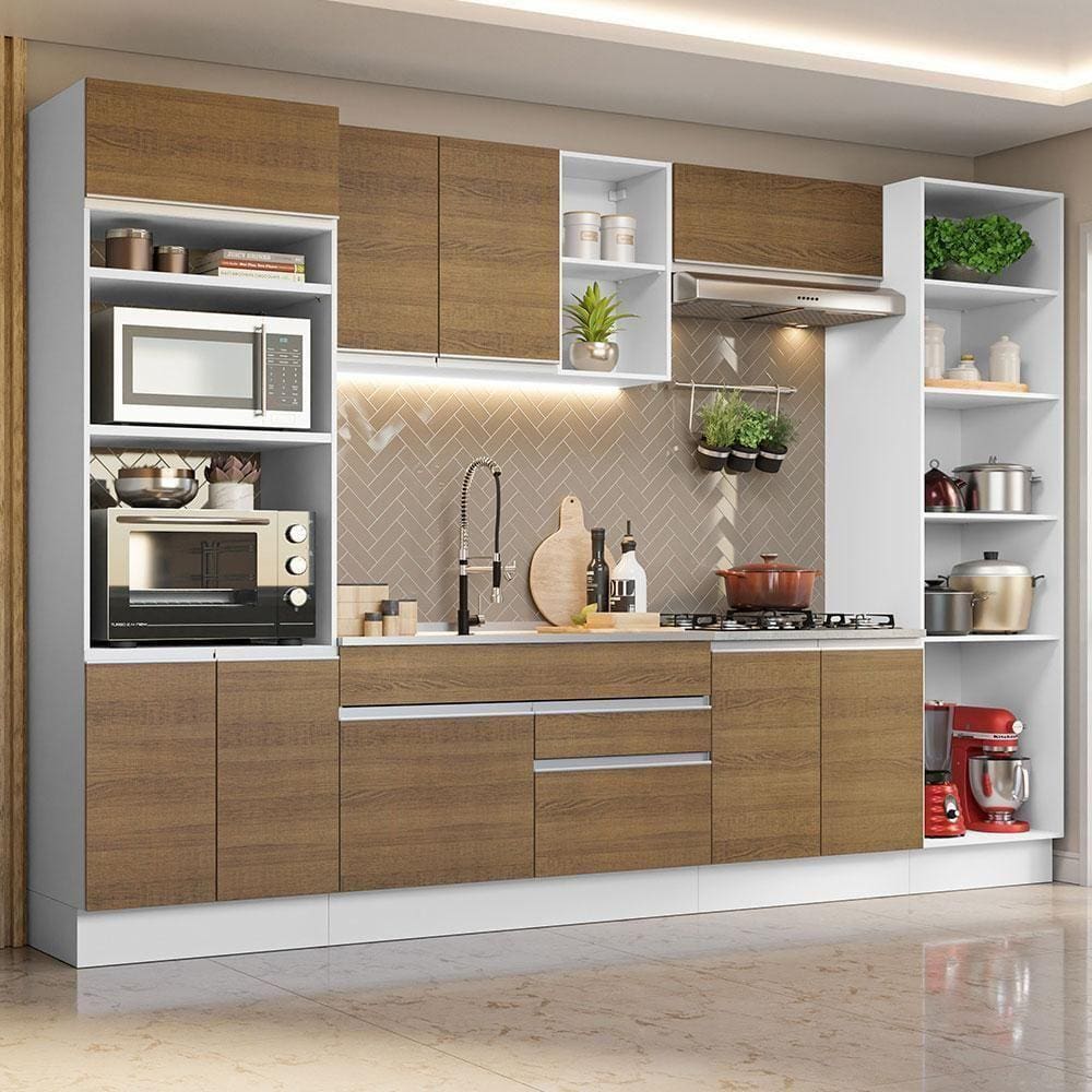 Armário De Cozinha 330cm Branco/Rustic03 Branco/Rustic