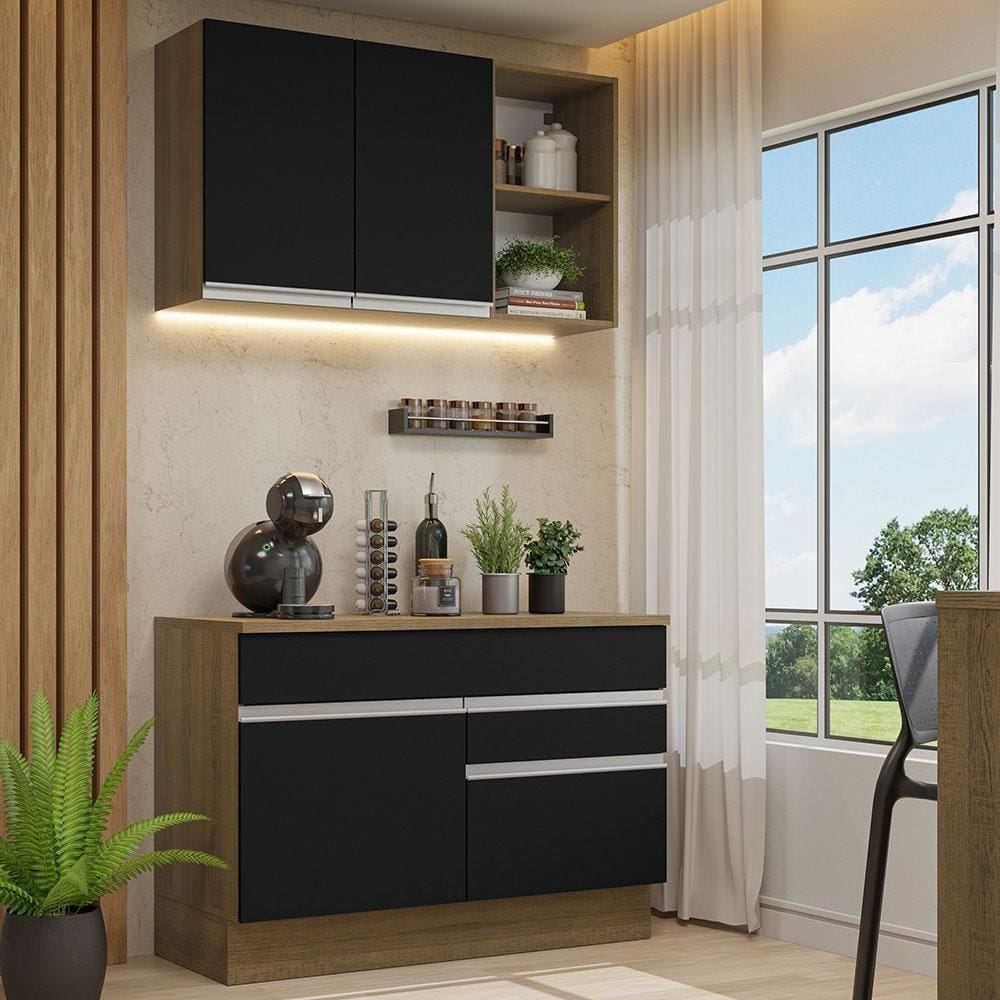Armário De Cozinha Compacta 120cm Rustic/Preto