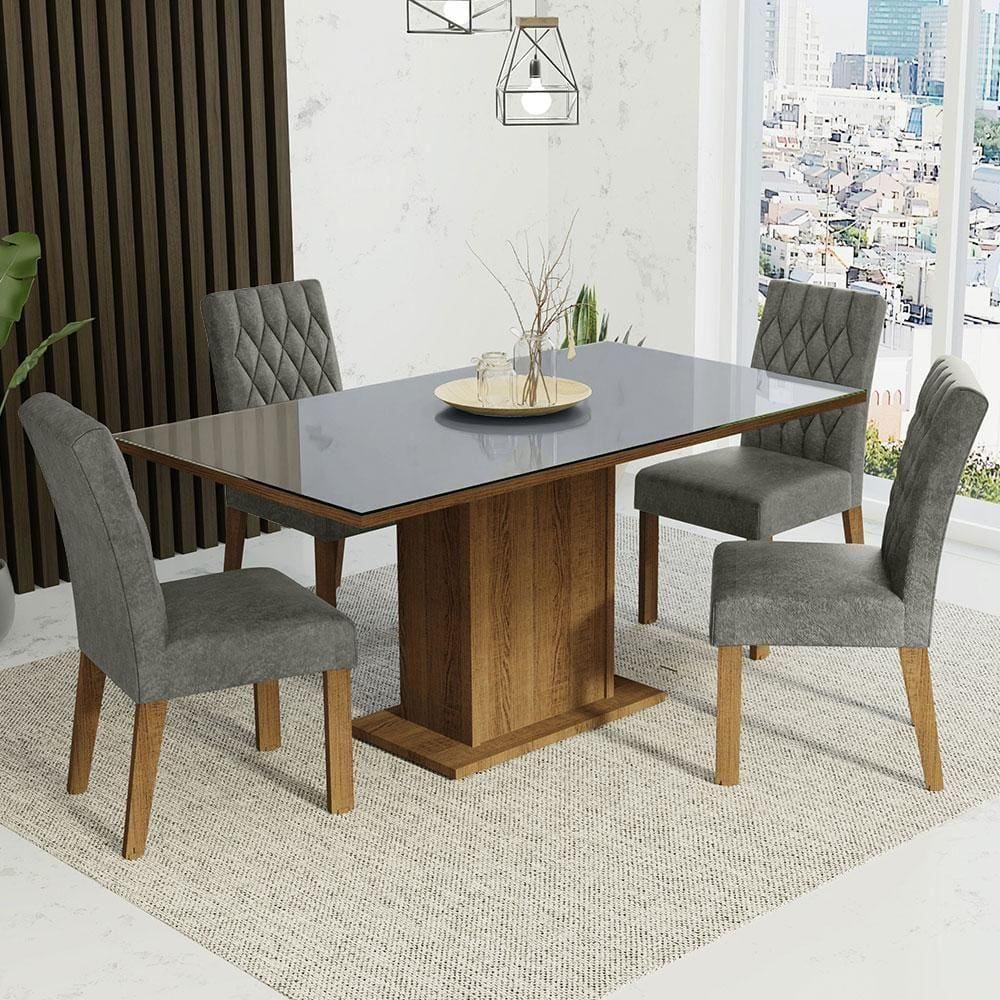 Conj. Mesa Tampo De Vidro 4 Cadeiras Rustic/Cinza/silver