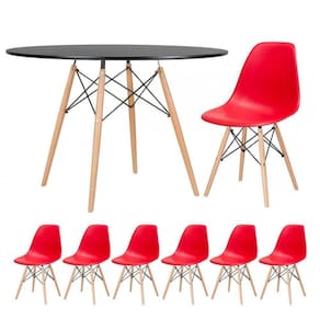 Mesa Redonda Eames 120cm Preto + 6 Cadeiras Vermelho