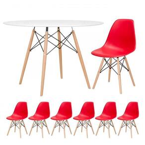 Mesa Redonda Eames 120cm Branco + 6 Cadeiras Vermelho