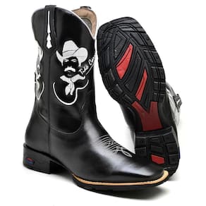 Bota Texana Masculina Couro Cano Alto Bordado Bico Fino