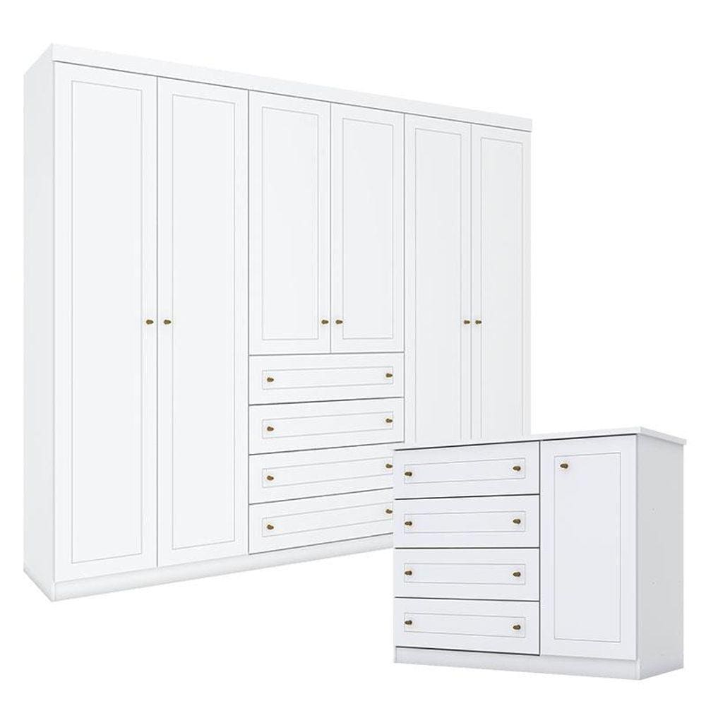 Cômoda e Guarda Roupa Casal 6 Portas Americano Branco HP - Henn