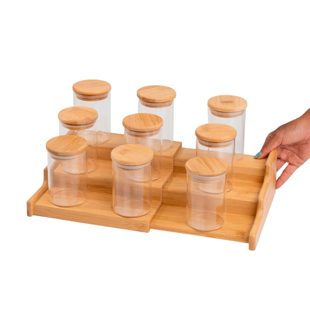 kit 9 potes 200ml tampa bambu e rack organizador bambu Oikos