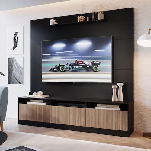 imagem-Painel com Rack Home Theater Para TV Até 65 Polegadas 1 Prateleira 3 Portas 3 Nichos Preto Madeira