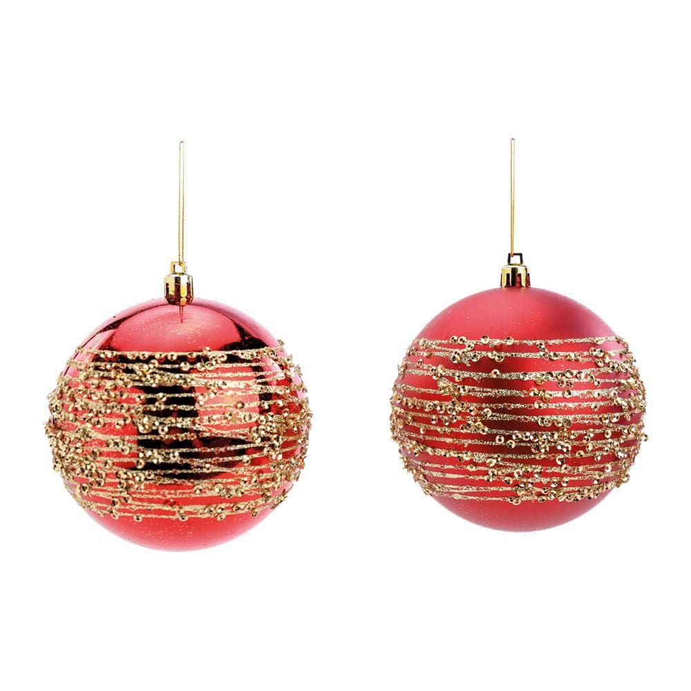 Kit C/4 Peças Bolas Vermelhas Com Glittee Ouro 10cm 1106328