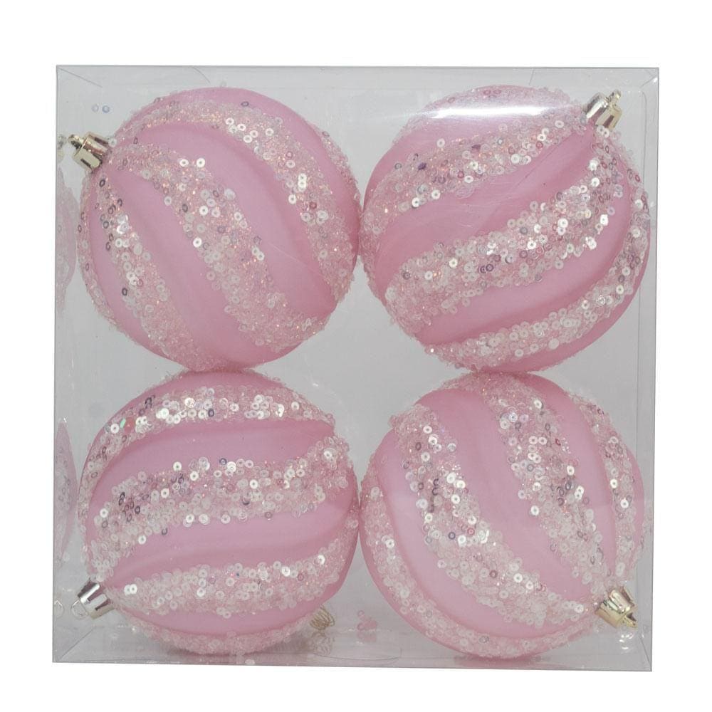 Jogo C/4 Peças Bolas Listra Glitter Rosa Claro 10cm 1019214