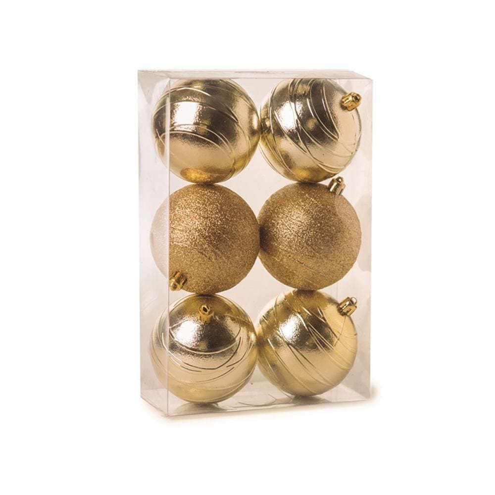 Jogo C/6 Peças Bolas Com Listras Ouro De 8cm 1712710